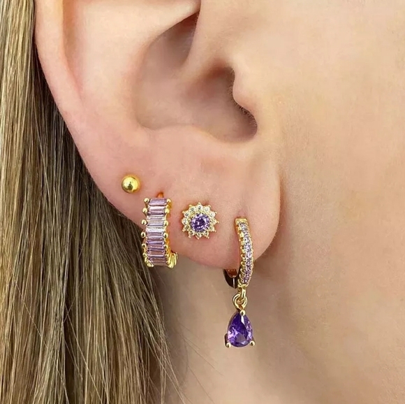 Amethyst Purple Pave & Gold Huggie Hoops - Picture 1 of 3